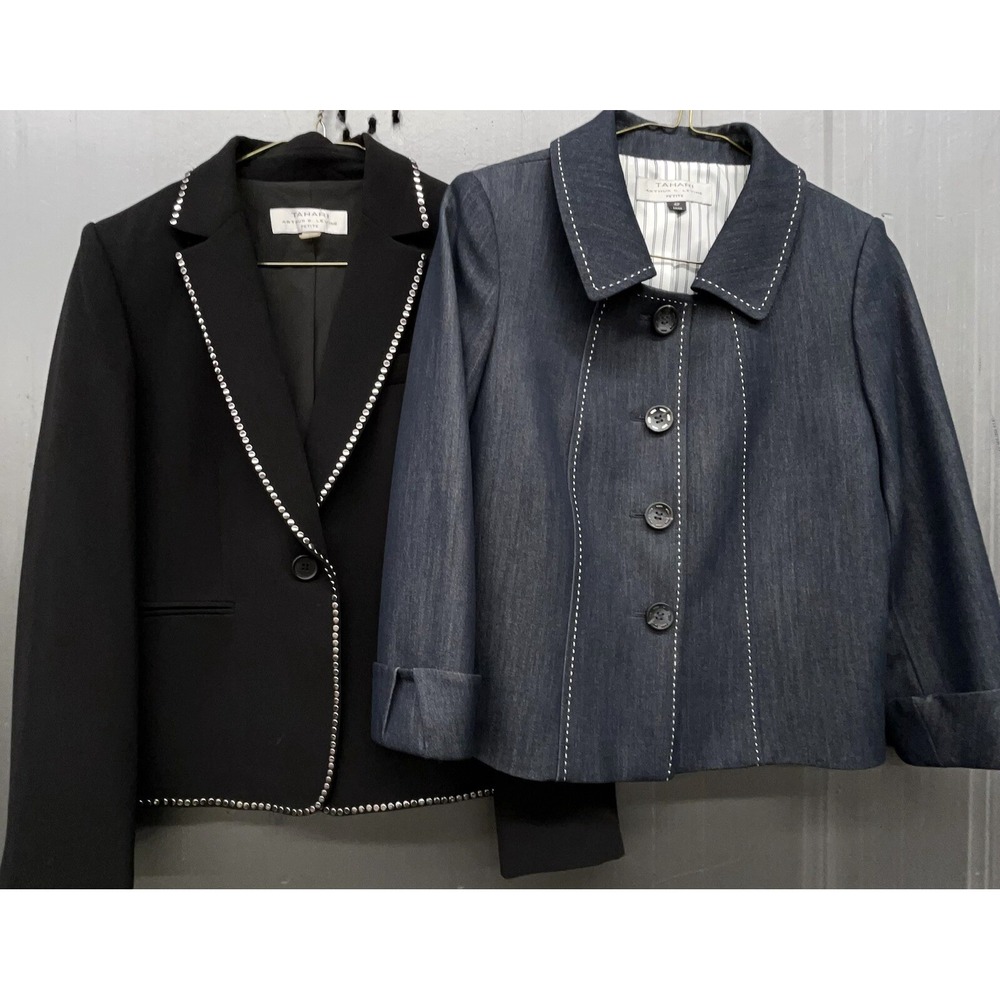 Tahari Blazer Jacket 4P LOT OF 2 Black Studded Blue Chambray Stretch Career